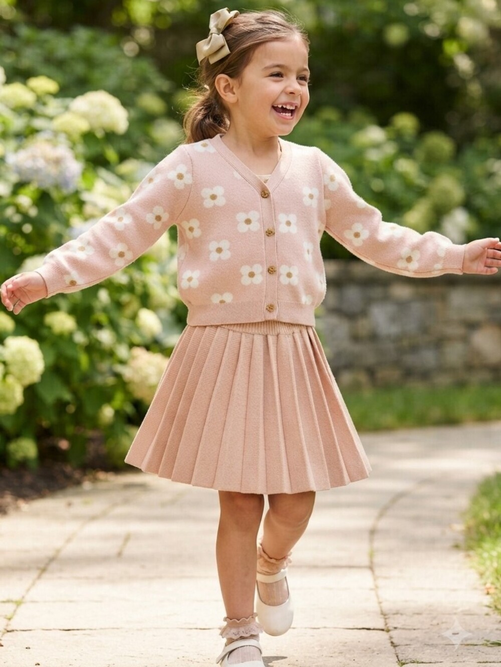 Happily Grey Girl's Floral Knit Cardigan w/ Pleated Skirt&Hair Bow,Size 5/6, NWT